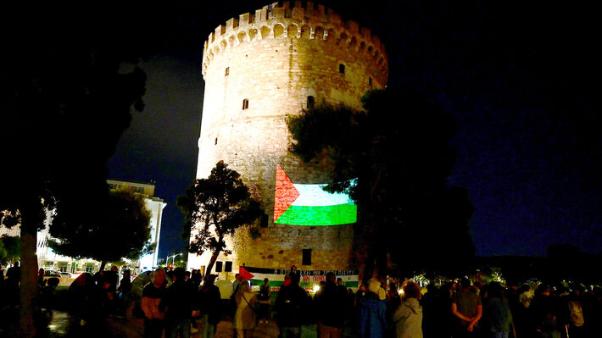 The flag of Palestine was projected on the White Tower during the protest.